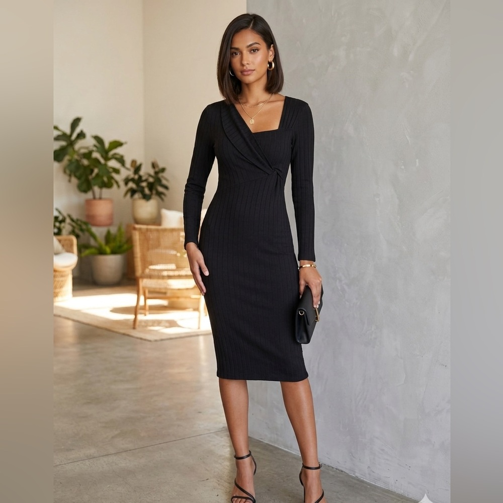 ASTR The Label Black Ribbed Knit Twist Front Bodycon Midi Dress Long Sleeve S